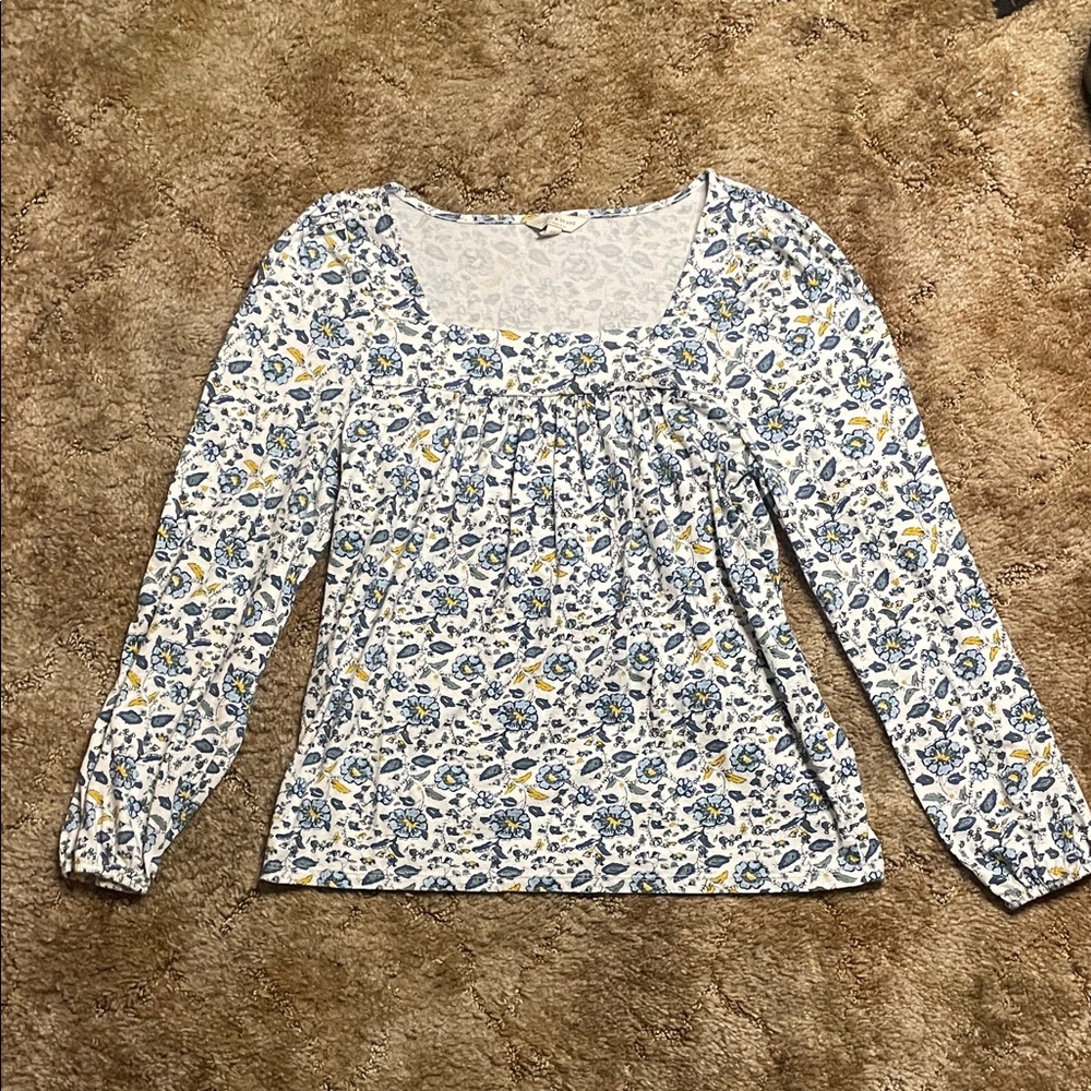 Lucky Brand Women's Small Blue Gold Small Print Floral Knit Top Shirt